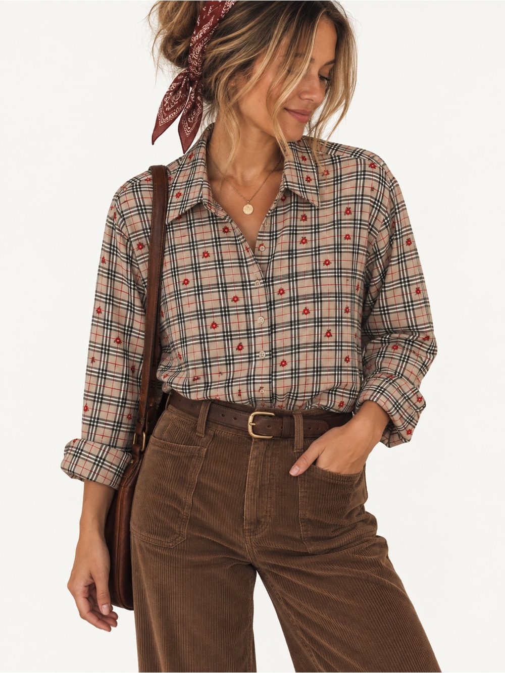 Vintage Plaid Floral Embroidered Button Down Shirt Grannycore Fall Acadamia XL